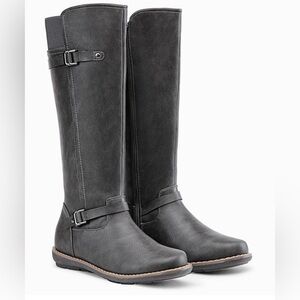 Women’s Knee-High Tall Flat Riding Boots With Faux Buckles and Side Zipper